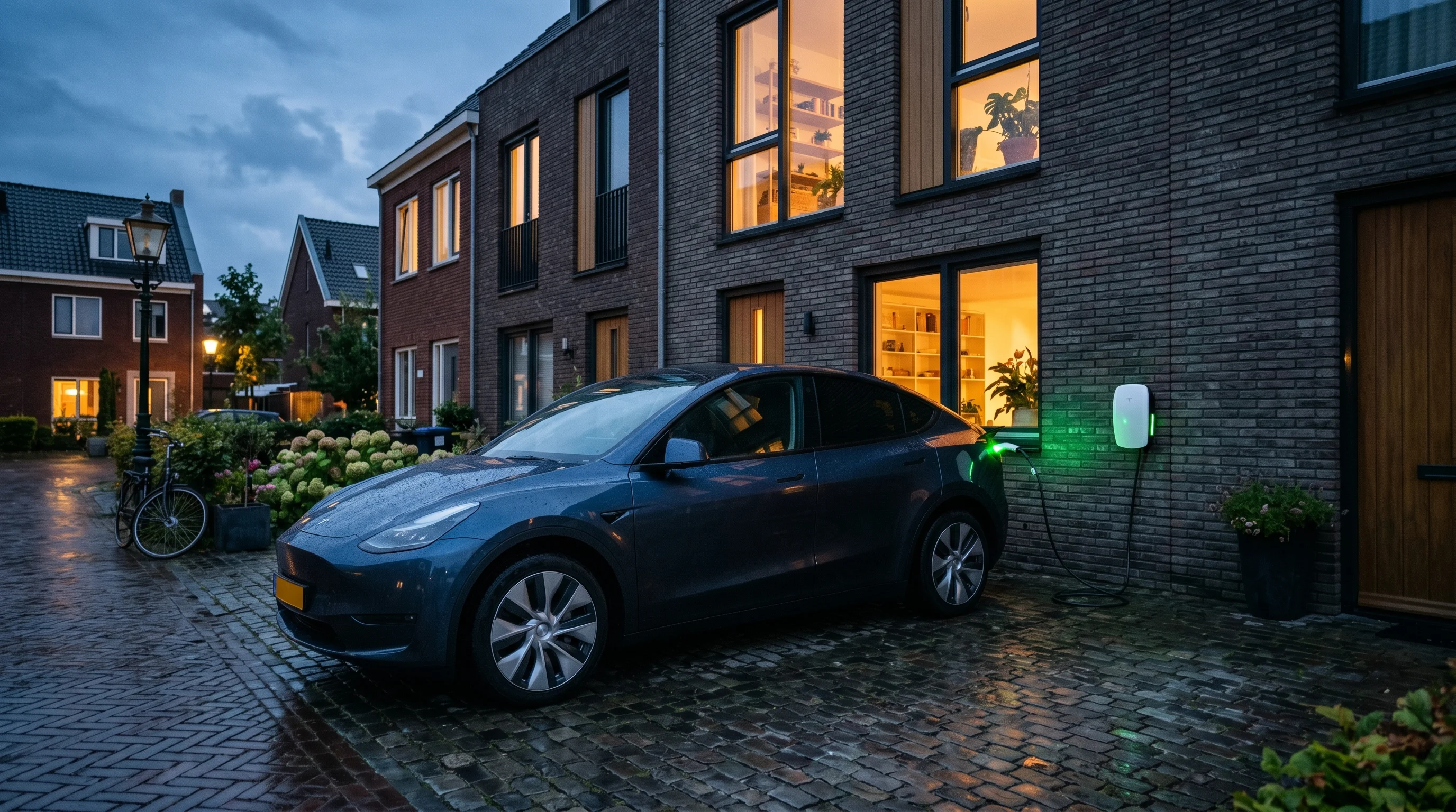 Elektrische auto laadt aan thuislaadpaal
